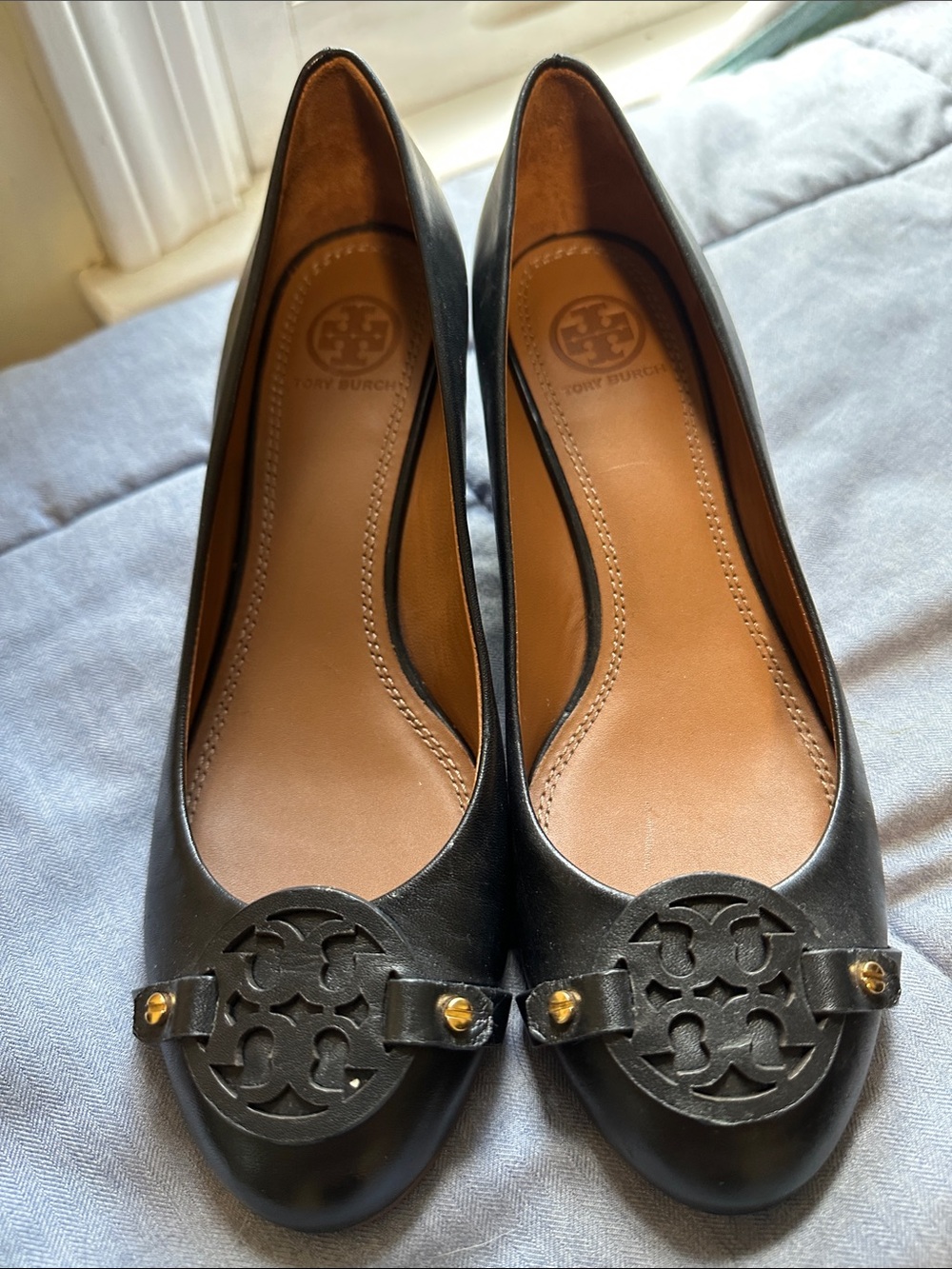 Tory Burch Black Leather Logo Ballet Flats with Gold Accents